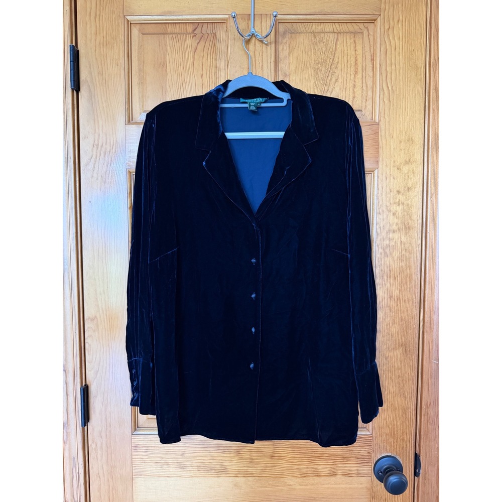 Lauren Ralph Lauren Navy Blue Silk Blend Velvet Button Down Shirt Plus Size 16W